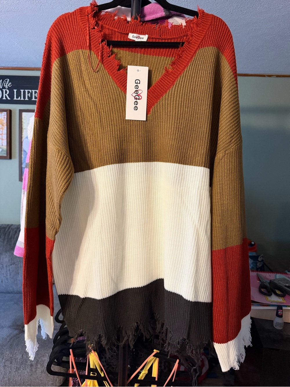 GeeGee Colorblock V-Neck Sweater — Rust, Brown & Cream